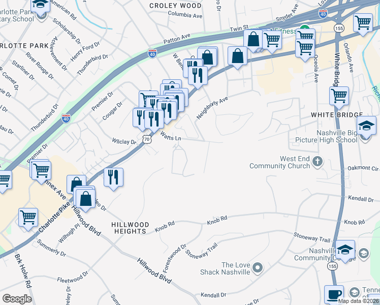 map of restaurants, bars, coffee shops, grocery stores, and more near 913 Watts Circle in Nashville
