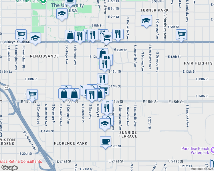 map of restaurants, bars, coffee shops, grocery stores, and more near 3311 East 14th Street in Tulsa
