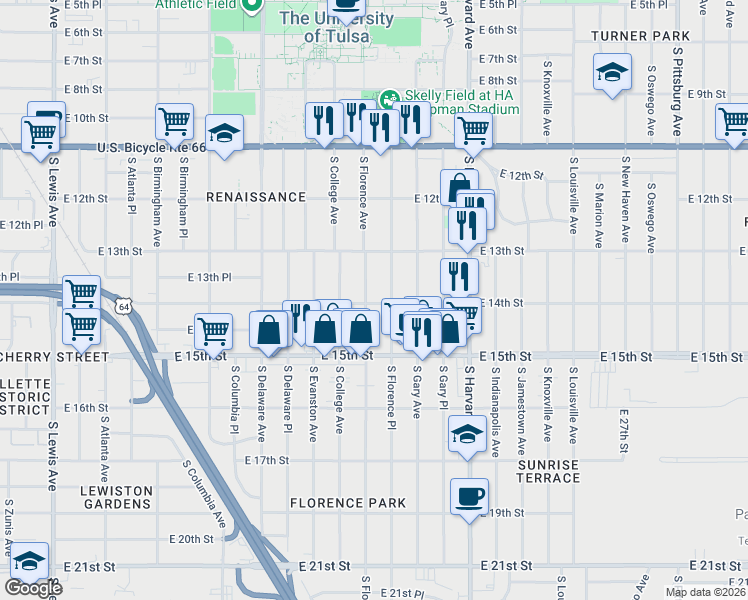 map of restaurants, bars, coffee shops, grocery stores, and more near 1347 South Florence Avenue in Tulsa