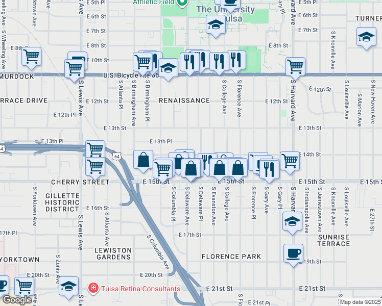 map of restaurants, bars, coffee shops, grocery stores, and more near 1347 South Delaware Avenue in Tulsa