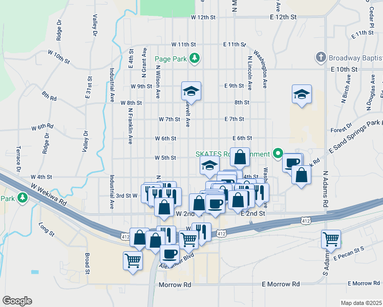 map of restaurants, bars, coffee shops, grocery stores, and more near 507 North Roosevelt Avenue in Sand Springs