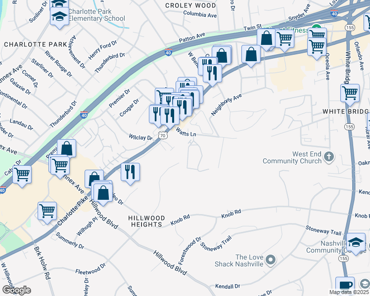 map of restaurants, bars, coffee shops, grocery stores, and more near 845 Watts Lane in Nashville