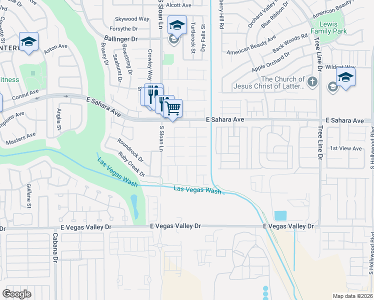 map of restaurants, bars, coffee shops, grocery stores, and more near 5881 East Rainbow Bridge Drive in Las Vegas