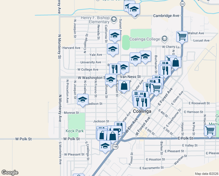 map of restaurants, bars, coffee shops, grocery stores, and more near 657 Sunset Street in Coalinga