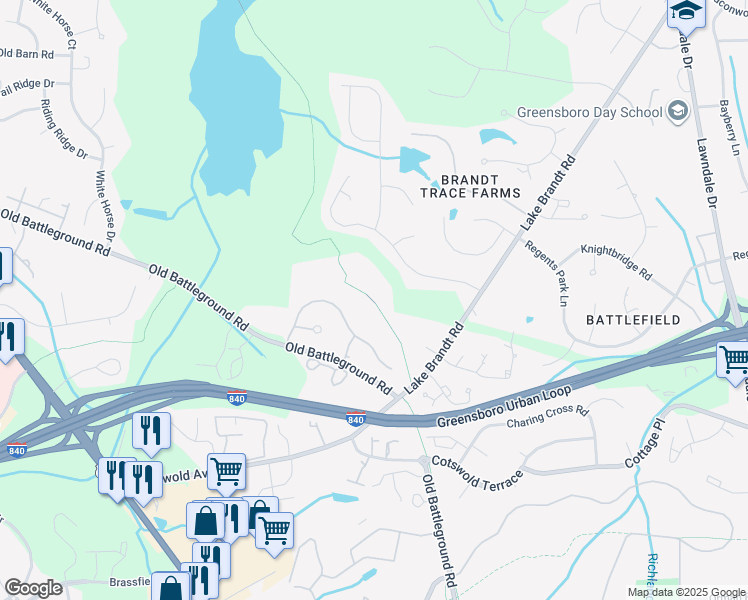 map of restaurants, bars, coffee shops, grocery stores, and more near 4504 Brandt Ridge Drive in Greensboro