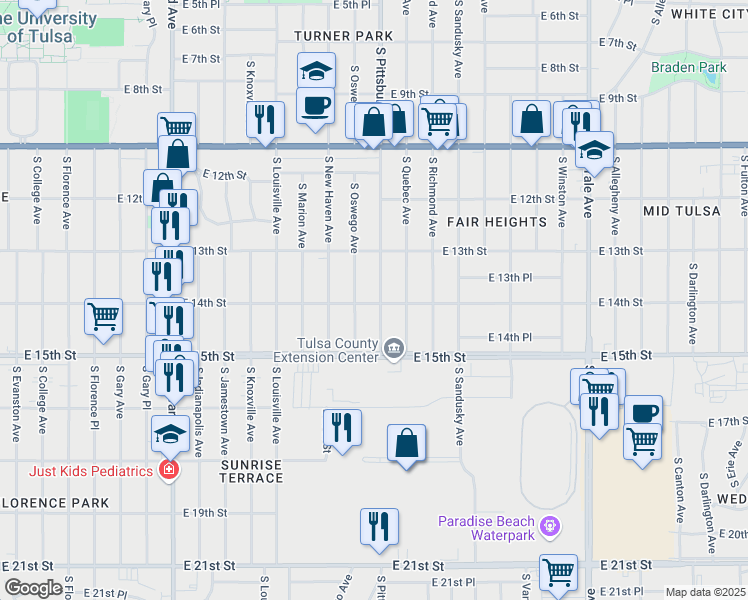 map of restaurants, bars, coffee shops, grocery stores, and more near 1345 South Pittsburg Avenue in Tulsa