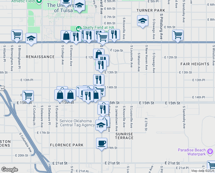 map of restaurants, bars, coffee shops, grocery stores, and more near 3311 East 14th Street in Tulsa