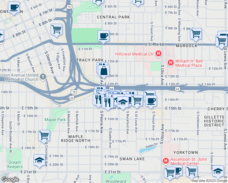 map of restaurants, bars, coffee shops, grocery stores, and more near 1401 South Quaker Avenue in Tulsa
