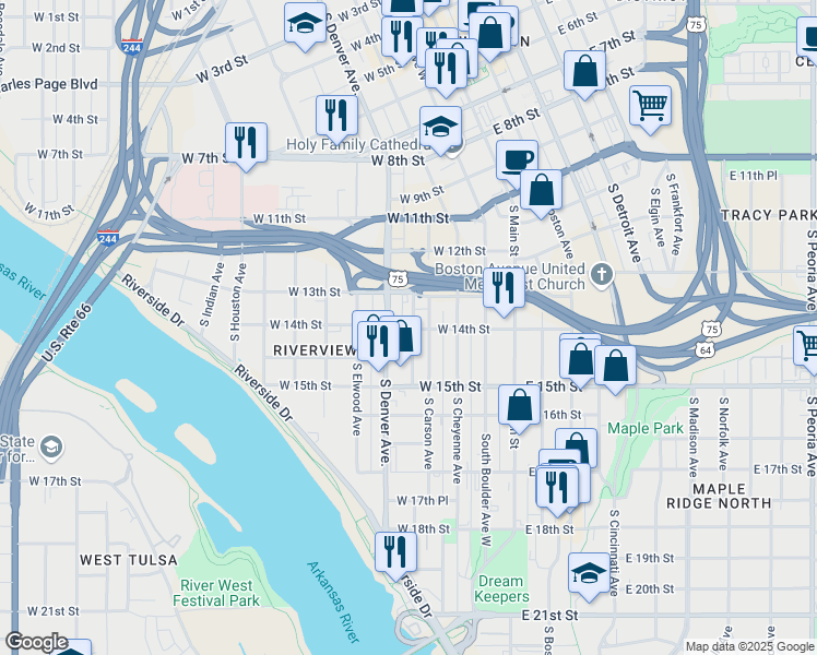 map of restaurants, bars, coffee shops, grocery stores, and more near 1322 South Carson Avenue in Tulsa