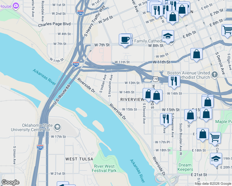 map of restaurants, bars, coffee shops, grocery stores, and more near 1405 South Galveston Avenue in Tulsa