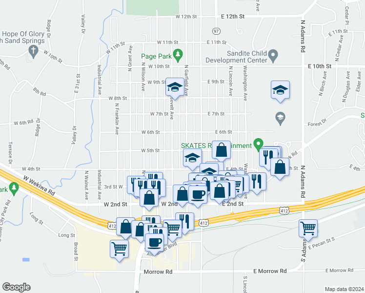map of restaurants, bars, coffee shops, grocery stores, and more near 507 North Roosevelt Avenue in Sand Springs
