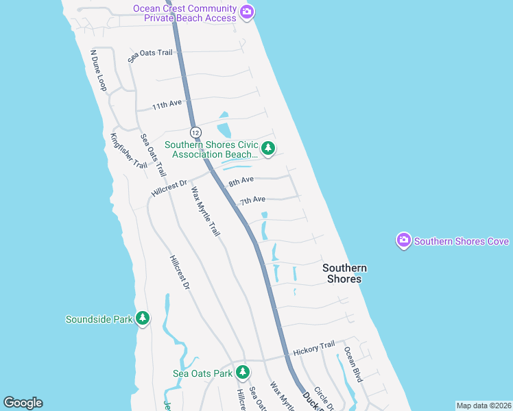 map of restaurants, bars, coffee shops, grocery stores, and more near 17 7th Avenue in Kitty Hawk
