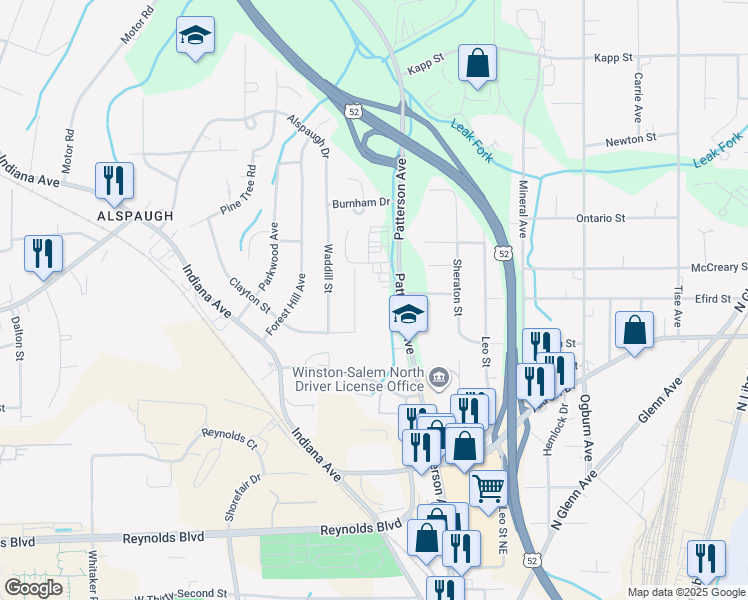 map of restaurants, bars, coffee shops, grocery stores, and more near 3700 Patterson Avenue in Winston-Salem