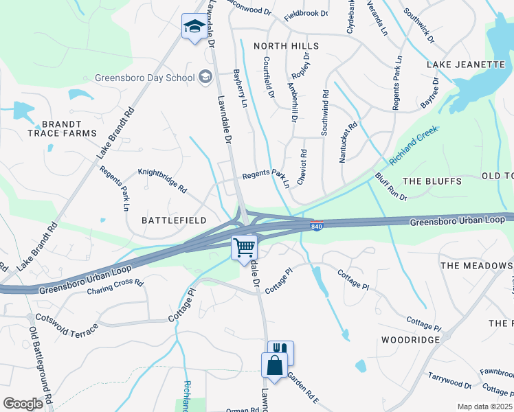 map of restaurants, bars, coffee shops, grocery stores, and more near 5002 Lawndale Drive in Greensboro
