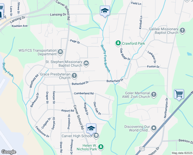 map of restaurants, bars, coffee shops, grocery stores, and more near 5057 Butterfield Drive in Winston-Salem
