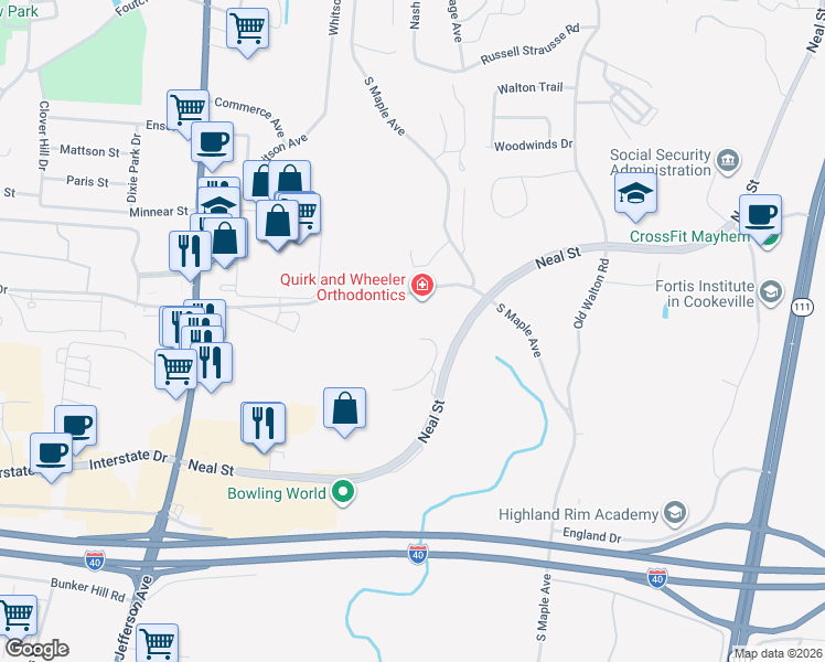 map of restaurants, bars, coffee shops, grocery stores, and more near 755 East Veterans Drive in Cookeville