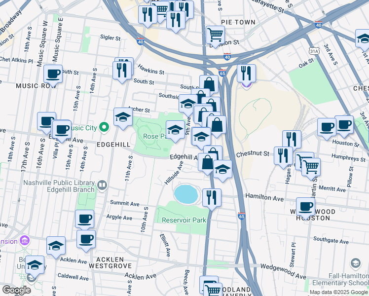 map of restaurants, bars, coffee shops, grocery stores, and more near 910 Hillside Avenue in Nashville