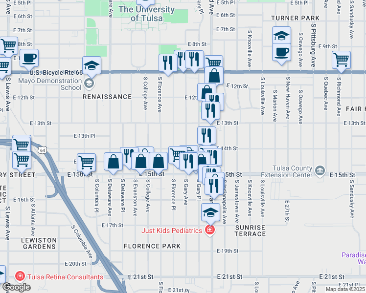 map of restaurants, bars, coffee shops, grocery stores, and more near 1348 South Gary Avenue in Tulsa