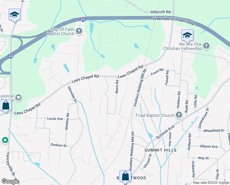 map of restaurants, bars, coffee shops, grocery stores, and more near 4727 Byers Road in Greensboro