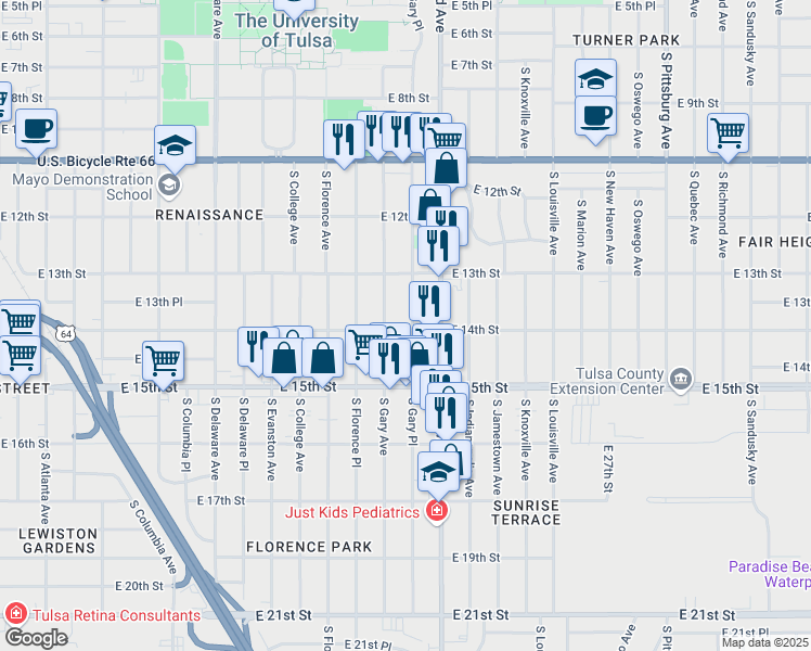 map of restaurants, bars, coffee shops, grocery stores, and more near 1348 South Gary Place in Tulsa