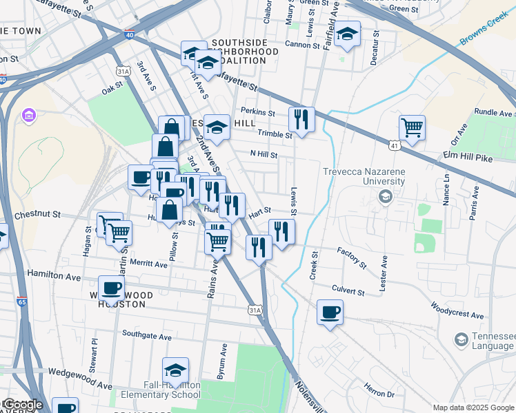 map of restaurants, bars, coffee shops, grocery stores, and more near 1263 1st Avenue South in Nashville