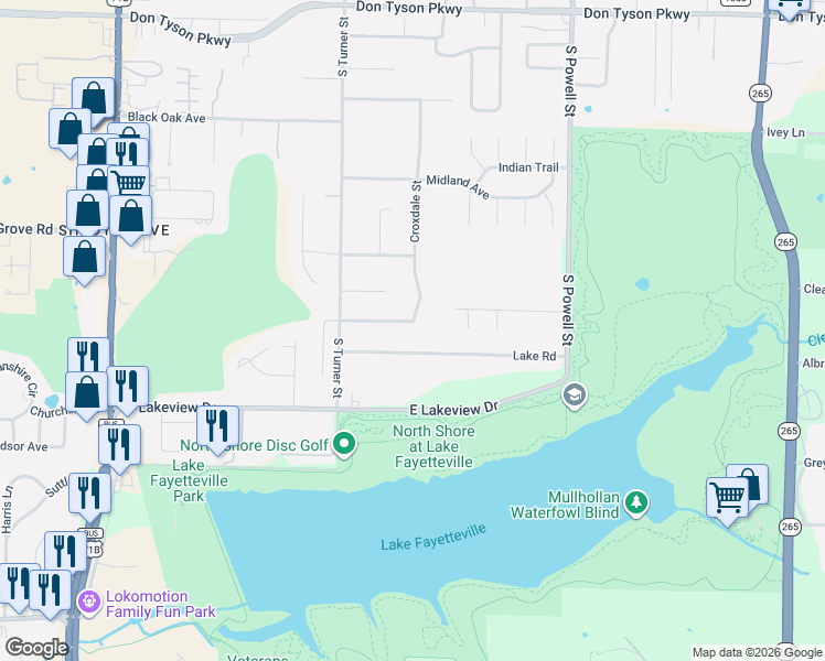 map of restaurants, bars, coffee shops, grocery stores, and more near 205 East Andrew Avenue in Springdale