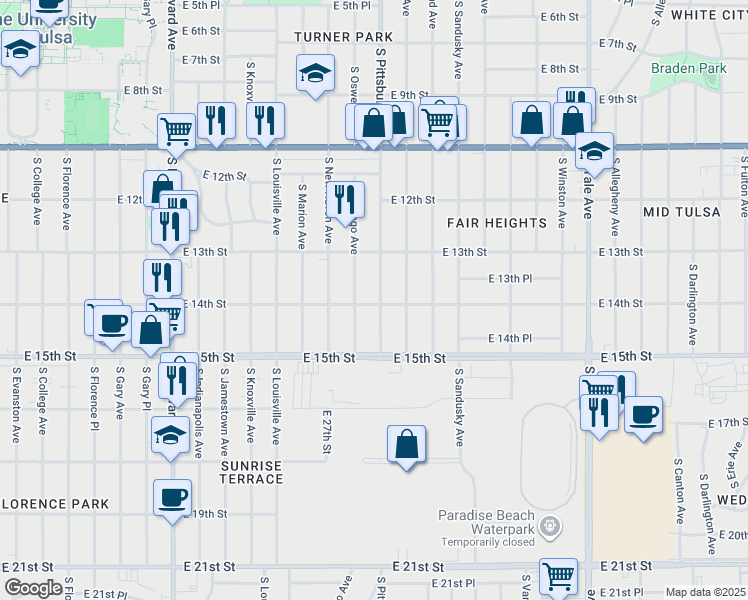 map of restaurants, bars, coffee shops, grocery stores, and more near 1345 South Pittsburg Avenue in Tulsa
