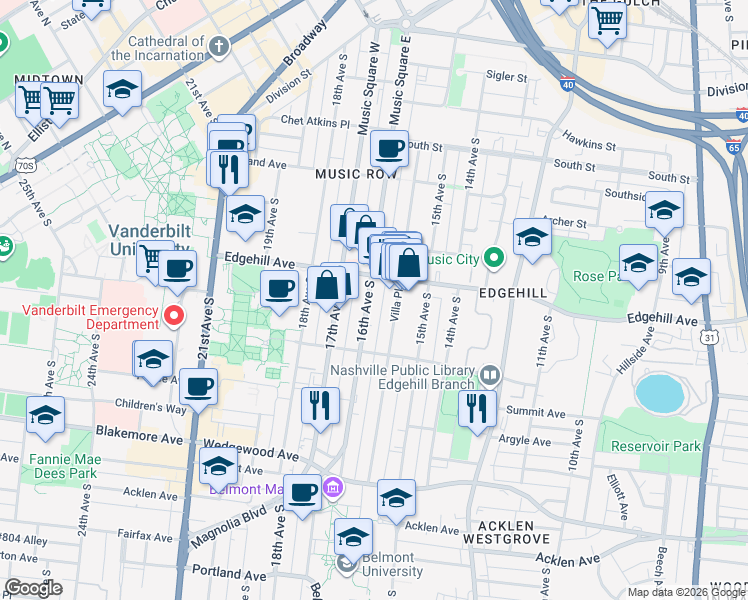 map of restaurants, bars, coffee shops, grocery stores, and more near 1208 16th Avenue South in Nashville
