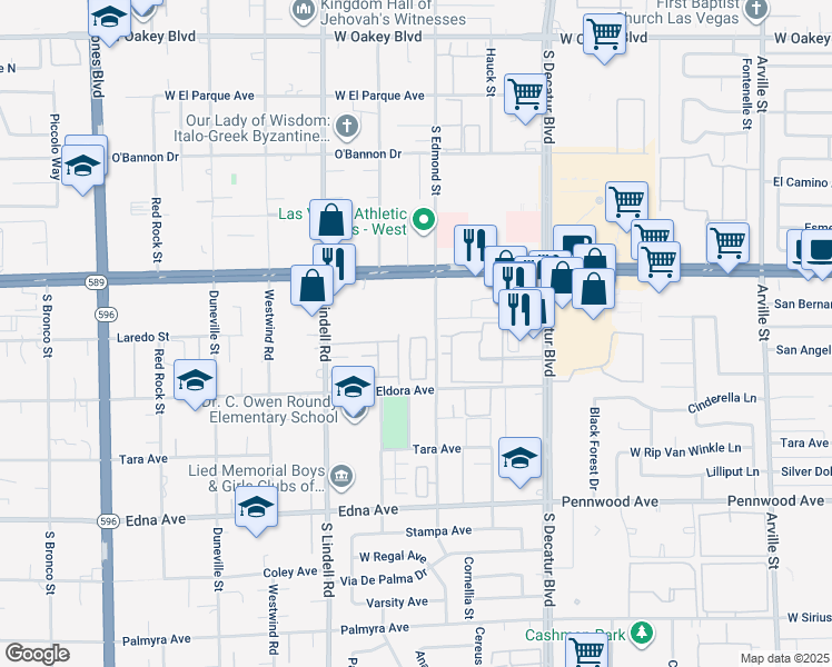 map of restaurants, bars, coffee shops, grocery stores, and more near 2634 Rimpacific Circle in Las Vegas