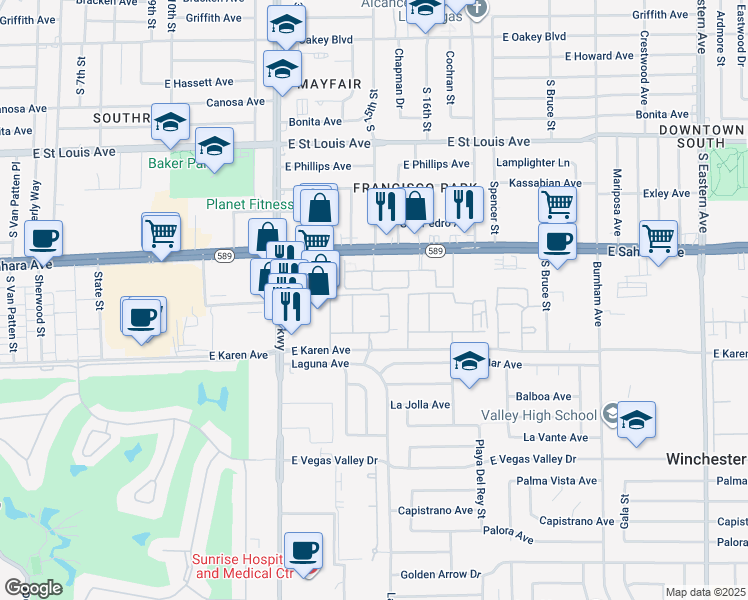 map of restaurants, bars, coffee shops, grocery stores, and more near 1750 Karen Avenue in Las Vegas