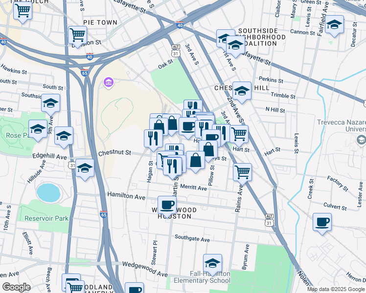 map of restaurants, bars, coffee shops, grocery stores, and more near 1214 Martin Street in Nashville