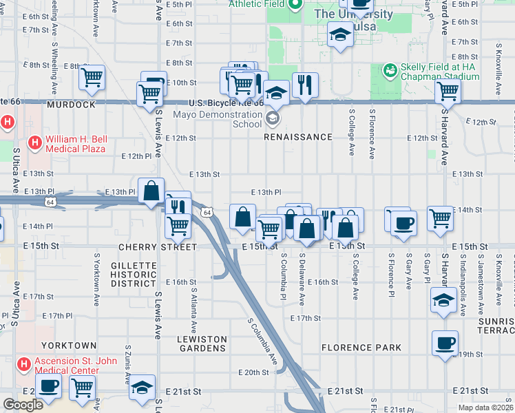 map of restaurants, bars, coffee shops, grocery stores, and more near 2639 East 14th Street in Tulsa