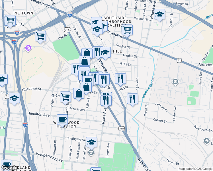 map of restaurants, bars, coffee shops, grocery stores, and more near 1265 2nd Avenue South in Nashville