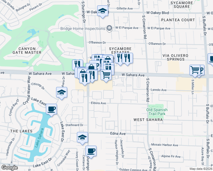 map of restaurants, bars, coffee shops, grocery stores, and more near 8485 West Sahara Avenue in Las Vegas