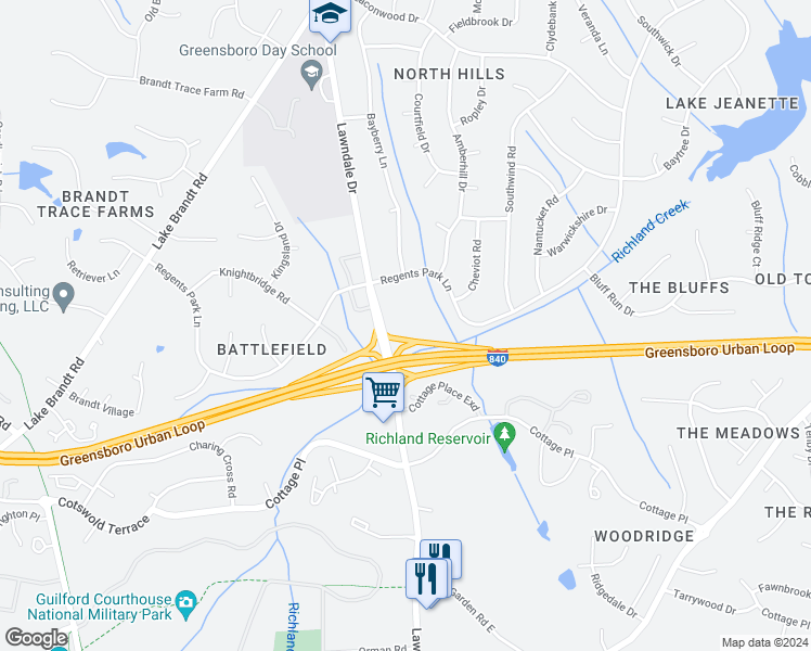 map of restaurants, bars, coffee shops, grocery stores, and more near 5002 Lawndale Drive in Greensboro