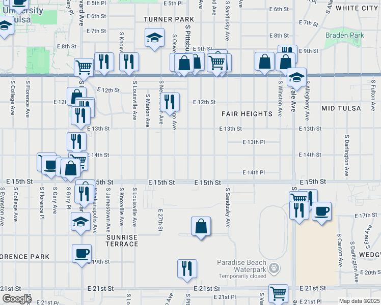 map of restaurants, bars, coffee shops, grocery stores, and more near 1345 South Pittsburg Avenue in Tulsa