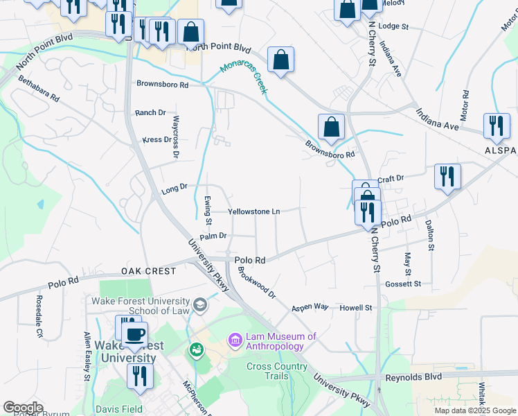 map of restaurants, bars, coffee shops, grocery stores, and more near 745 Yellowstone Lane in Winston-Salem