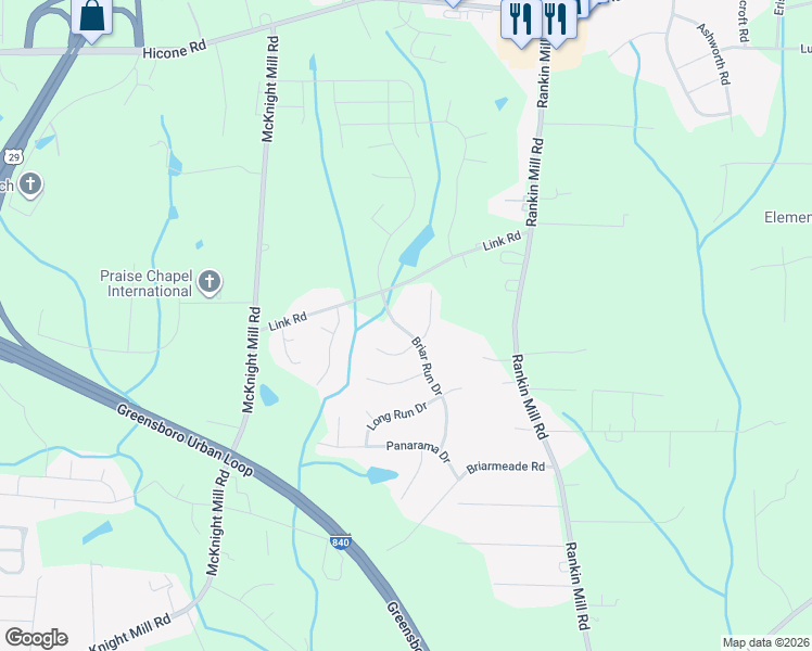 map of restaurants, bars, coffee shops, grocery stores, and more near 1944 Briar Run Drive in Greensboro
