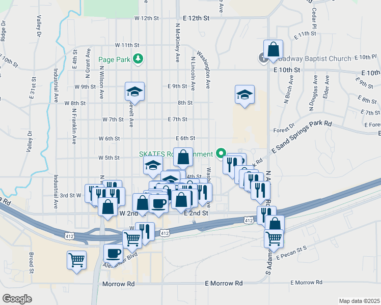 map of restaurants, bars, coffee shops, grocery stores, and more near 508 North Lincoln Avenue in Sand Springs