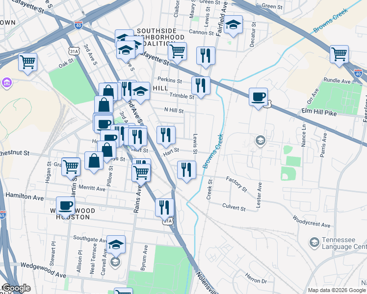 map of restaurants, bars, coffee shops, grocery stores, and more near 22 Hart Street in Nashville