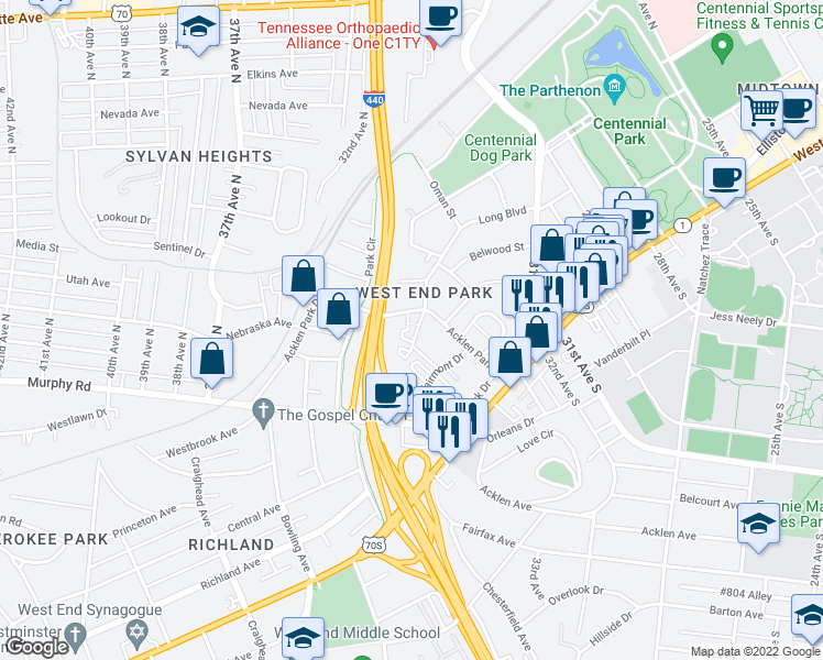 map of restaurants, bars, coffee shops, grocery stores, and more near 201 Acklen Park Drive in Nashville