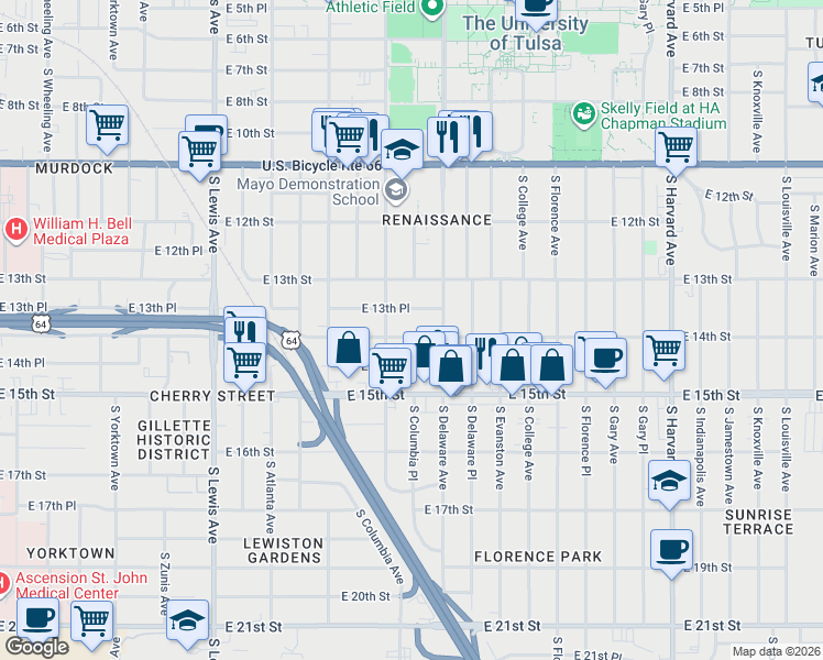 map of restaurants, bars, coffee shops, grocery stores, and more near 2723 East 14th Street in Tulsa