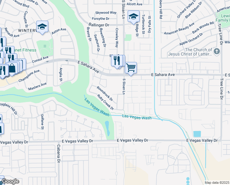 map of restaurants, bars, coffee shops, grocery stores, and more near 5742 Coleridge Way in Las Vegas