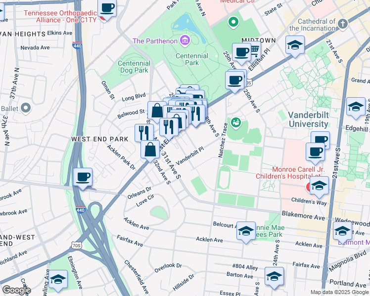 map of restaurants, bars, coffee shops, grocery stores, and more near 118 30th Avenue South in Nashville