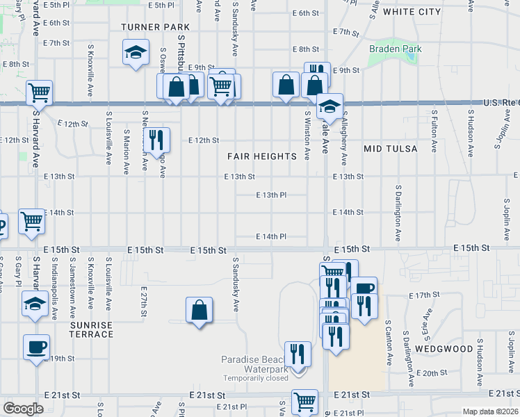 map of restaurants, bars, coffee shops, grocery stores, and more near 4435 East 14th Street in Tulsa
