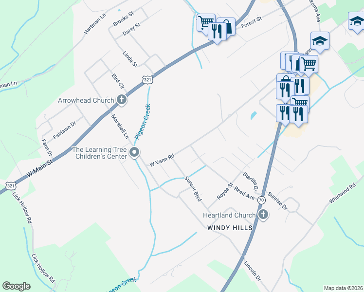 map of restaurants, bars, coffee shops, grocery stores, and more near 1086 West Vann Road in Greeneville