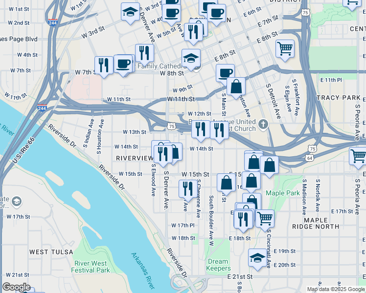 map of restaurants, bars, coffee shops, grocery stores, and more near 1322 South Carson Avenue in Tulsa