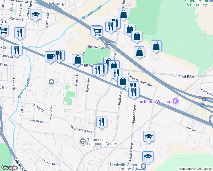 map of restaurants, bars, coffee shops, grocery stores, and more near 451 Murfreesboro Pike in Nashville