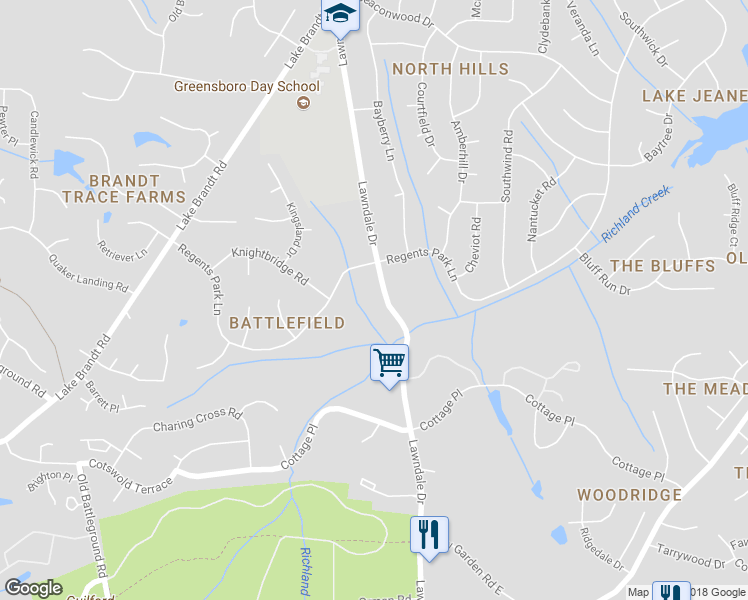 map of restaurants, bars, coffee shops, grocery stores, and more near 5005 Lawndale Drive in Greensboro