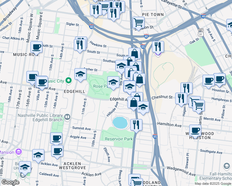 map of restaurants, bars, coffee shops, grocery stores, and more near 1025 Hillside Avenue in Nashville